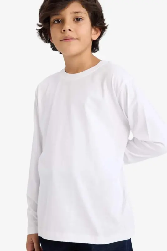 Boys' Bicycle Collar Long Sleeve Basic T-Shirt White - DEFACTO