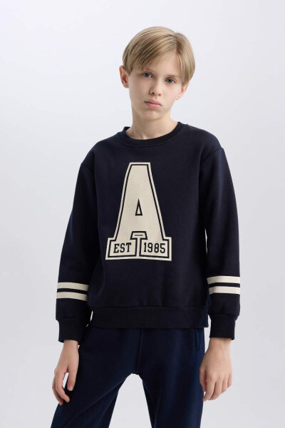 Boy's Bicycle Collar Printed Sweatshirt Navy - 1