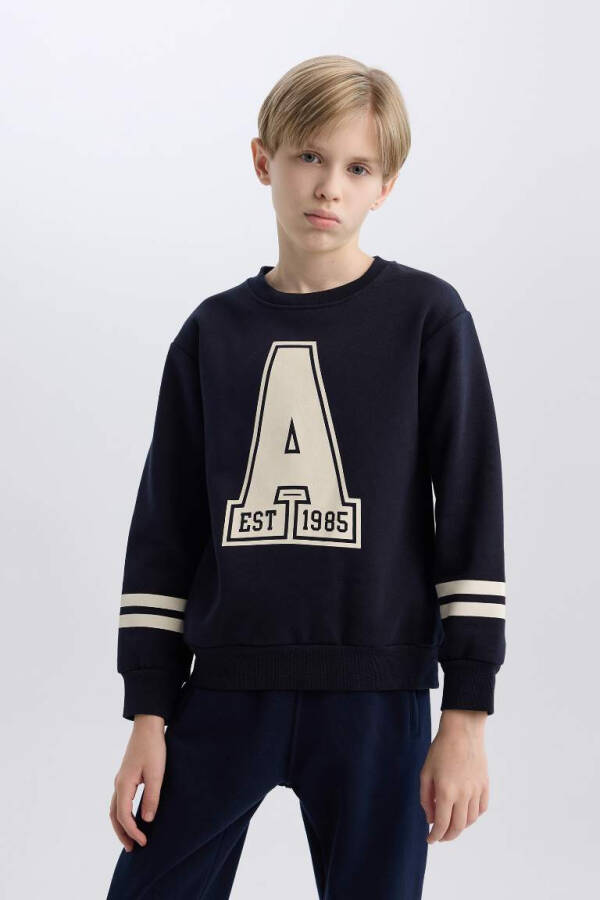 Boy's Bicycle Collar Printed Sweatshirt Navy - 1