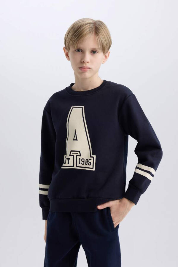 Boy's Bicycle Collar Printed Sweatshirt Navy - 3