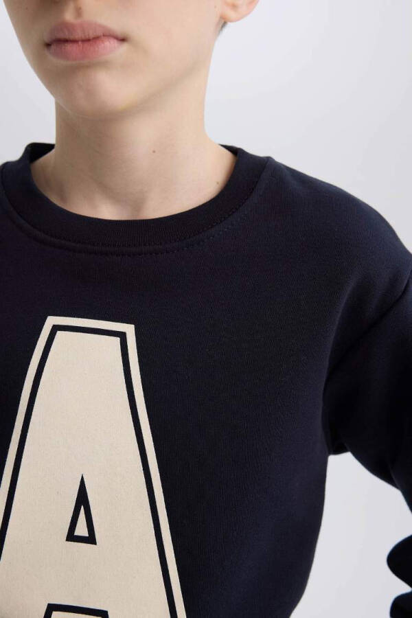 Boy's Bicycle Collar Printed Sweatshirt Navy - 4