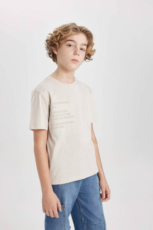 Boy's Bicycle Neck Printed Short Sleeve T-Shirt Beige - 1