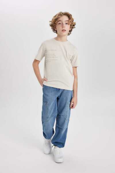 Boy's Bicycle Neck Printed Short Sleeve T-Shirt Beige - DEFACTO (1)