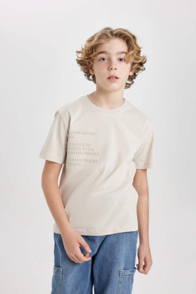 Boy's Bicycle Neck Printed Short Sleeve T-Shirt Beige - 3