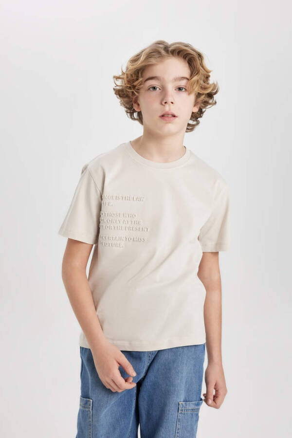 Boy's Bicycle Neck Printed Short Sleeve T-Shirt Beige - 3