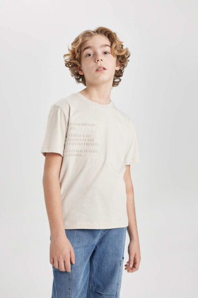 Boy's Bicycle Neck Printed Short Sleeve T-Shirt Beige - 4