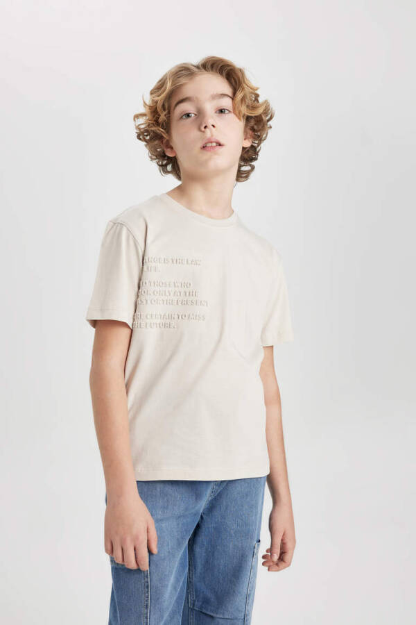 Boy's Bicycle Neck Printed Short Sleeve T-Shirt Beige - 4