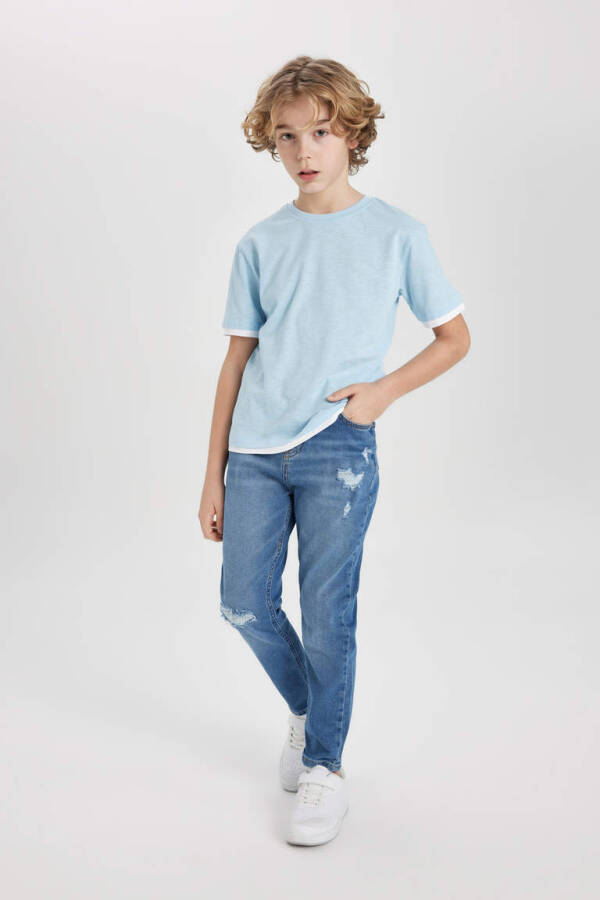 Boy's Bike Collar Short Sleeve T-Shirt Light Blue - 8