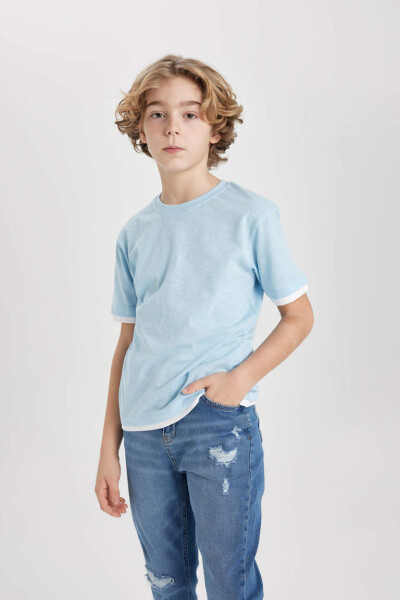 Boy's Bike Collar Short Sleeve T-Shirt Light Blue - 10