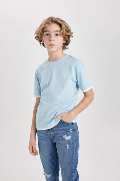 Boy's Bike Collar Short Sleeve T-Shirt Light Blue - 4