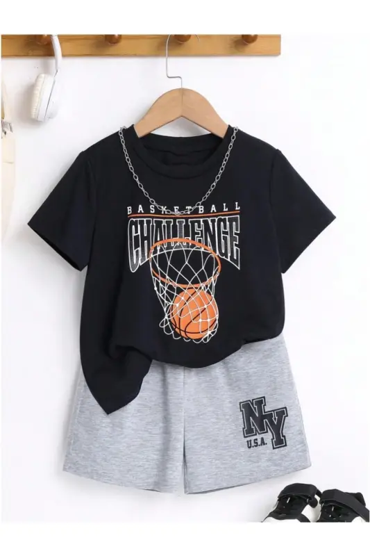 Boys Black-GRAY Basketball Challenge Printed T-Shirt-Short Set-BlackGrayASB - 1