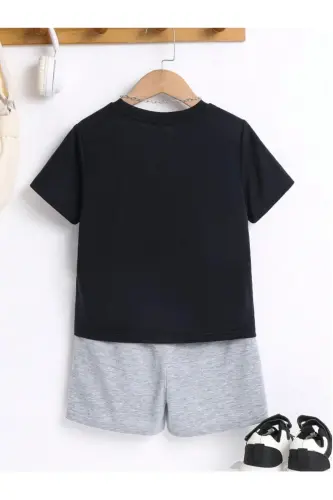 Boys Black-GRAY Basketball Challenge Printed T-Shirt-Short Set-BlackGrayASB - MORNİNG KİDS (1)