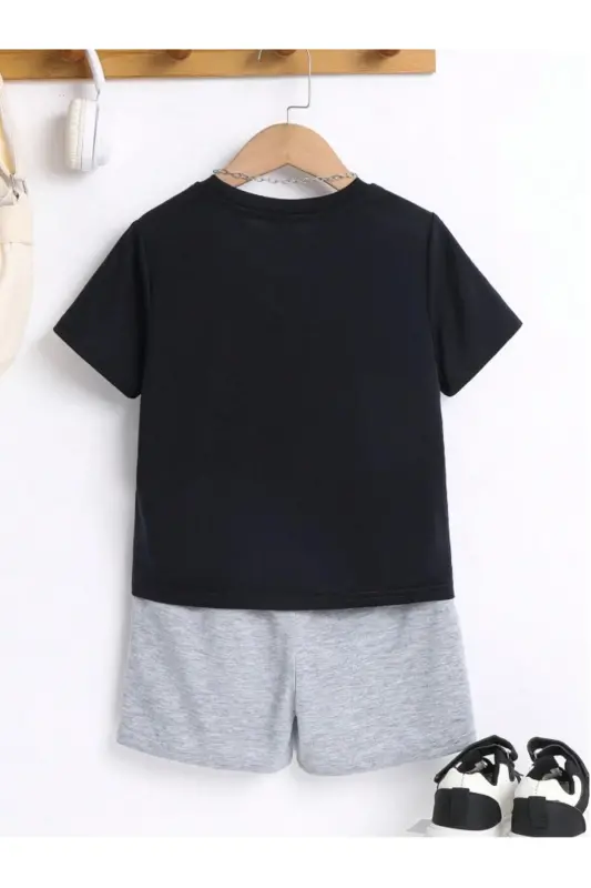 Boys Black-GRAY Basketball Challenge Printed T-Shirt-Short Set-BlackGrayASB - 2