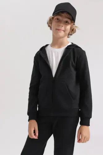 Boys Black Hooded School Cardigan-Black - 1