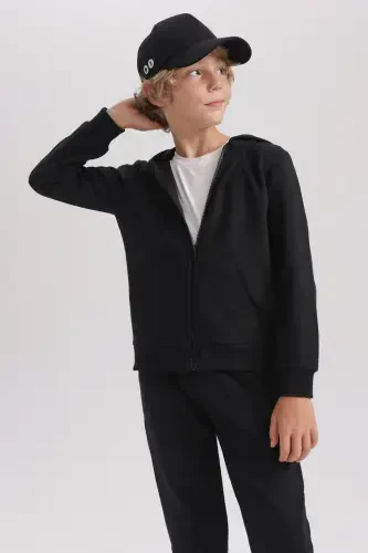 Boys Black Hooded School Cardigan-Black - 4