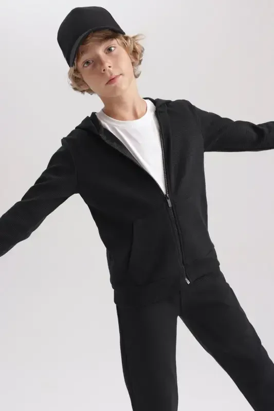 Boys Black Hooded School Cardigan-Black - 5