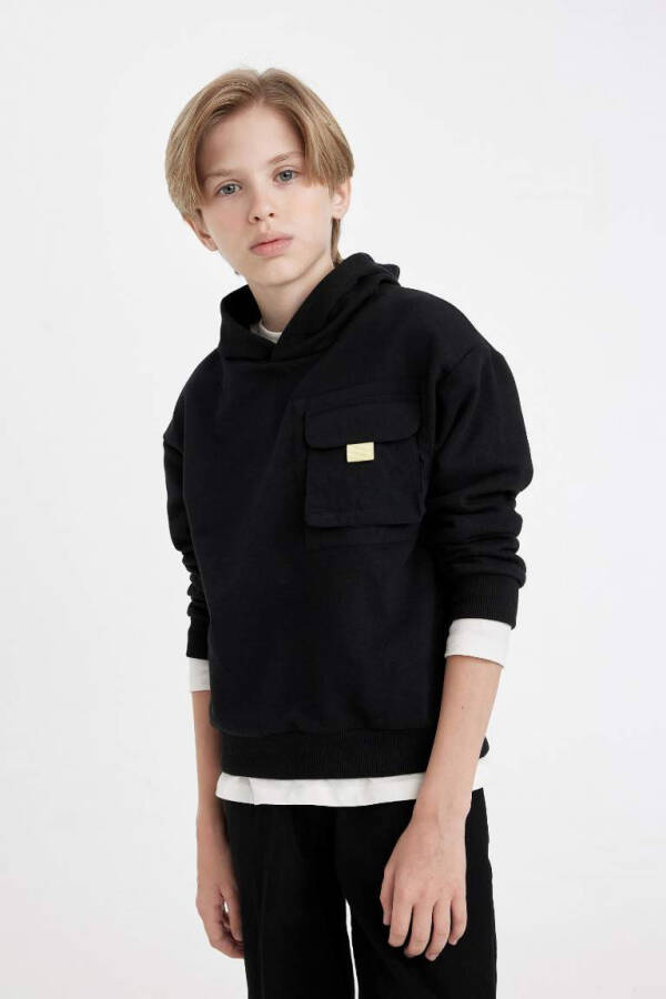 Boys' Black Oversized Hoodie Sweatshirt with Pockets for School - 1