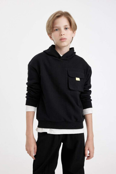 Boys' Black Oversized Hoodie Sweatshirt with Pockets for School - 3