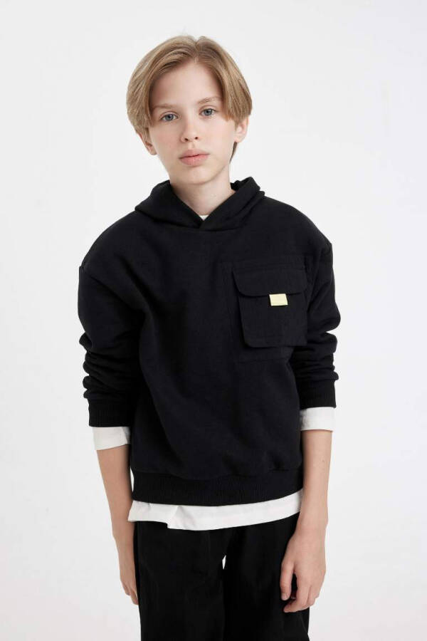 Boys' Black Oversized Hoodie Sweatshirt with Pockets for School - 4