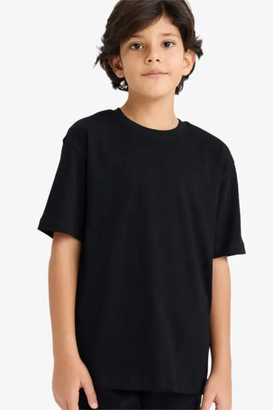 Boy's black short sleeve school t-shirt with a polo collar - 1
