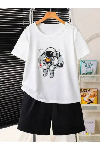 Boy's Black-White Astronaut Print T-Shirt-Short Set-blackwhite - MORNİNG KİDS (1)