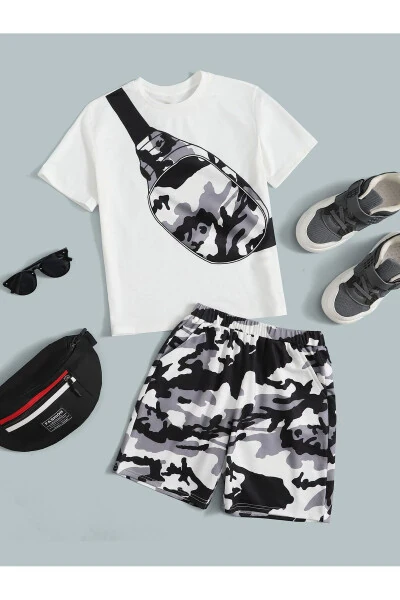 Boy's Camouflage And Bag Patterned T-Shirt And Shorts Set - LEPOLD
