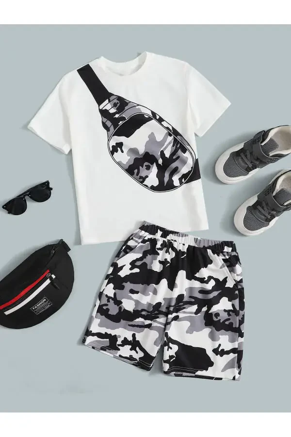 Boy's Camouflage And Bag Patterned T-Shirt And Shorts Set - 1