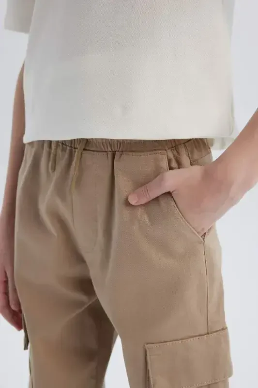 Boy's Cargo Jogger Straight Leg Gabardine Trousers Light Beige - DEFACTO