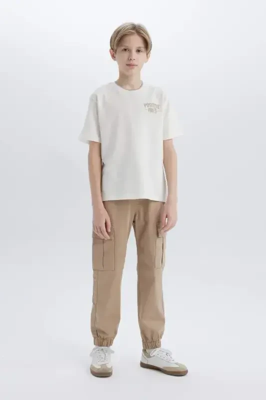 Boy's Cargo Jogger Straight Leg Gabardine Trousers Light Beige - 3