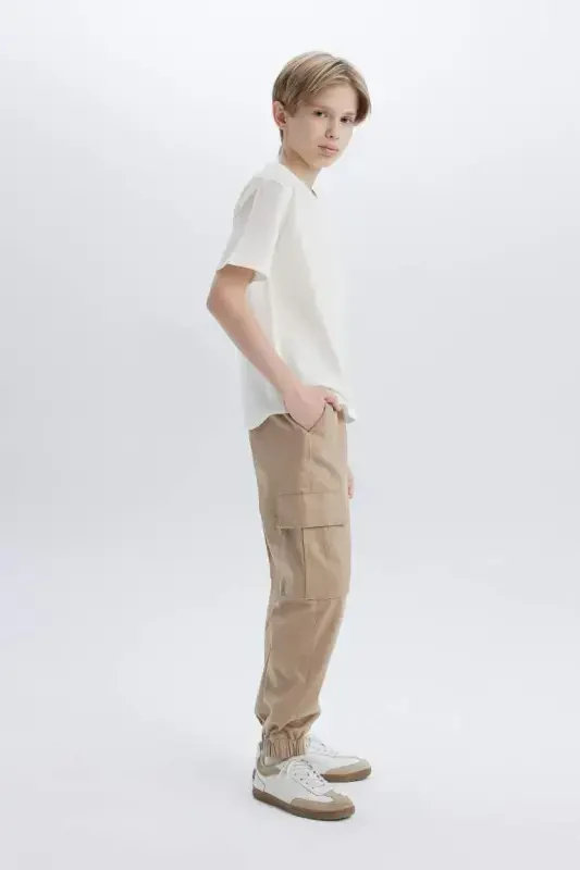 Boy's Cargo Jogger Straight Leg Gabardine Trousers Light Beige - 5