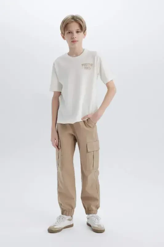 Boy's Cargo Jogger Straight Leg Gabardine Trousers Light Beige - 6