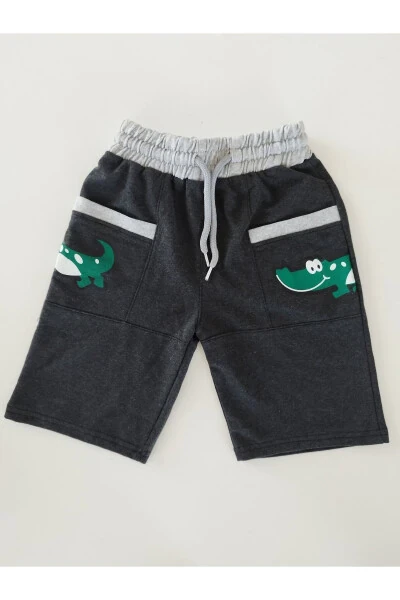 Boys' Charcoal Grey Pocket Printed Shorts Capri - KARELIM TEKSTIL