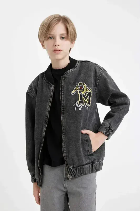 Boy's College Collar Zippered Pocket Seasonal Printed Jean Bomber Jacket C3685A824AU-Gray - DEFACTO