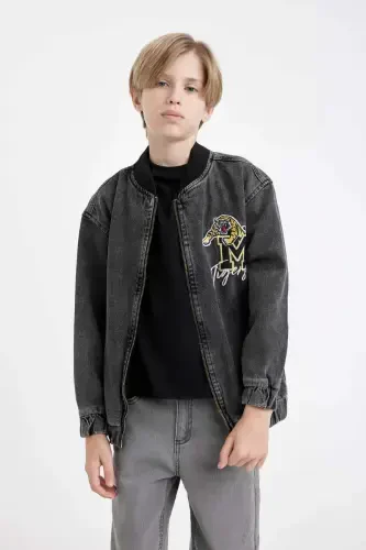 Boy's College Collar Zippered Pocket Seasonal Printed Jean Bomber Jacket C3685A824AU-Gray - 3