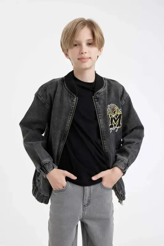 Boy's College Collar Zippered Pocket Seasonal Printed Jean Bomber Jacket C3685A824AU-Gray - 4