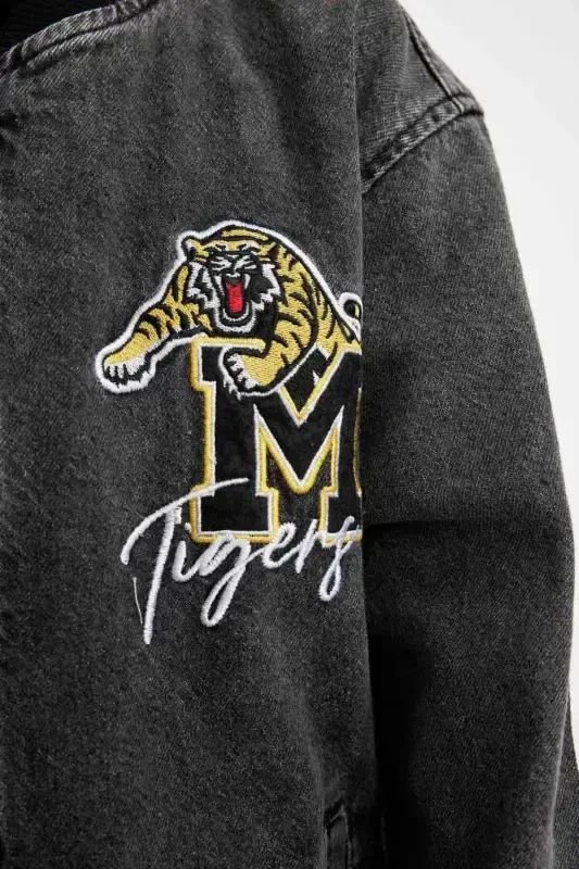 Boy's College Collar Zippered Pocket Seasonal Printed Jean Bomber Jacket C3685A824AU-Gray - 5