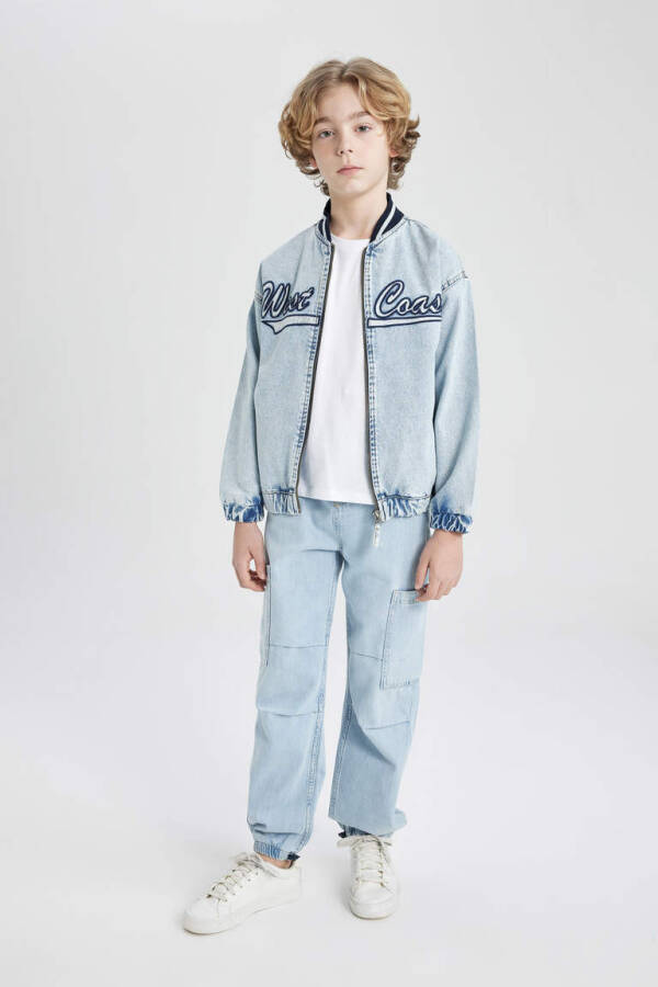 Boys College Collar Zippered Pocketed Printed Denim Bomber Jacket Light Blue - 8