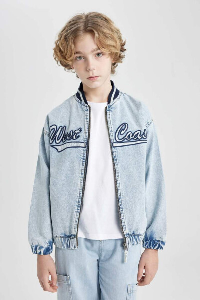 Boys College Collar Zippered Pocketed Printed Denim Bomber Jacket Light Blue - 9