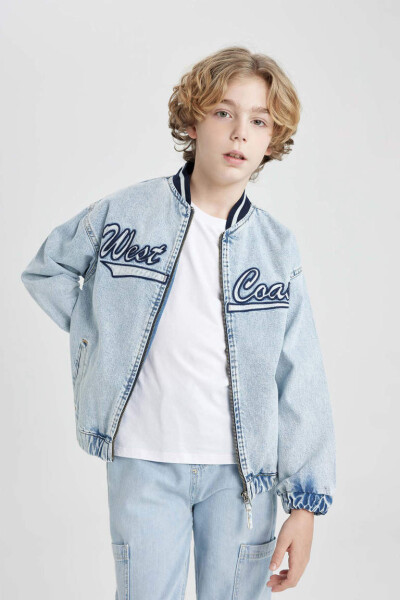 Boys College Collar Zippered Pocketed Printed Denim Bomber Jacket Light Blue - 10