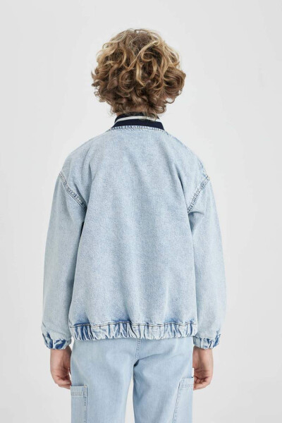 Boys College Collar Zippered Pocketed Printed Denim Bomber Jacket Light Blue - 12