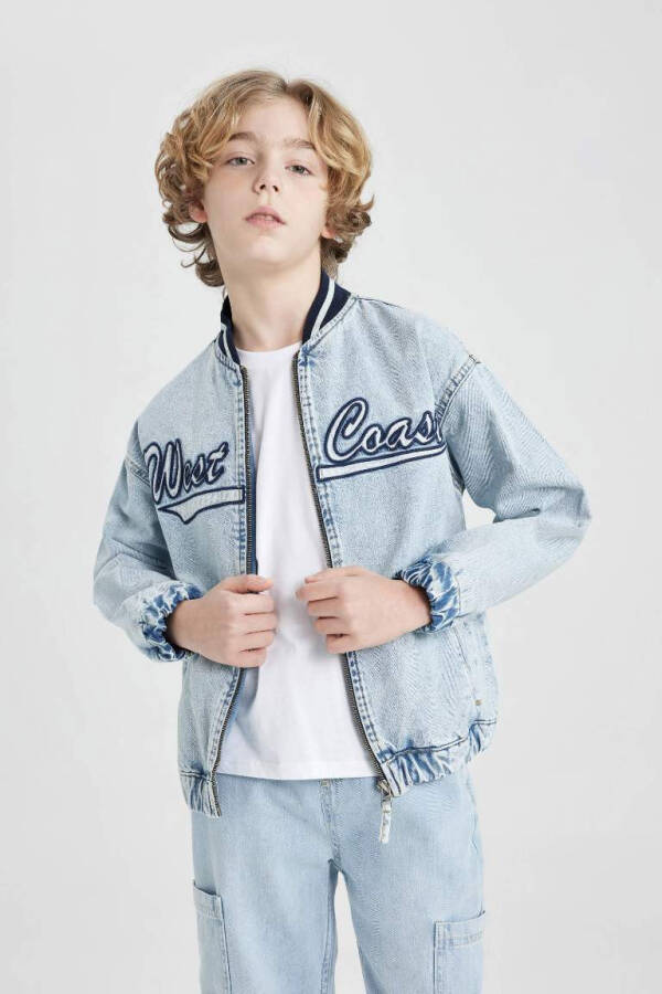 Boys College Collar Zippered Pocketed Printed Denim Bomber Jacket Light Blue - 1