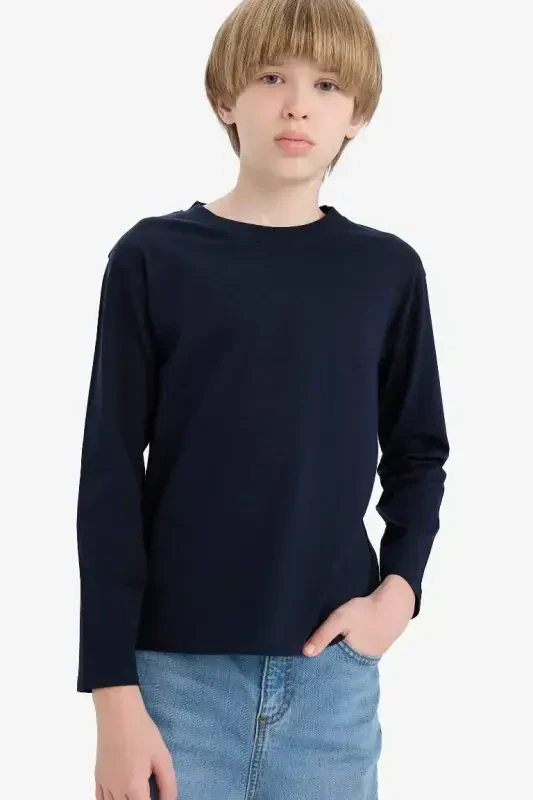 Boys' Crew Neck Basic Plain Long Sleeve T-Shirt-Navy Blue - DEFACTO