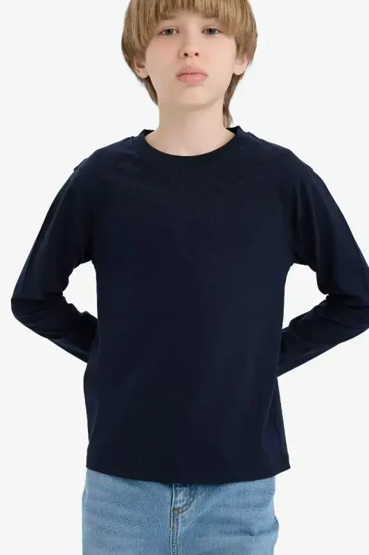 Boys' Crew Neck Basic Plain Long Sleeve T-Shirt-Navy Blue - 2