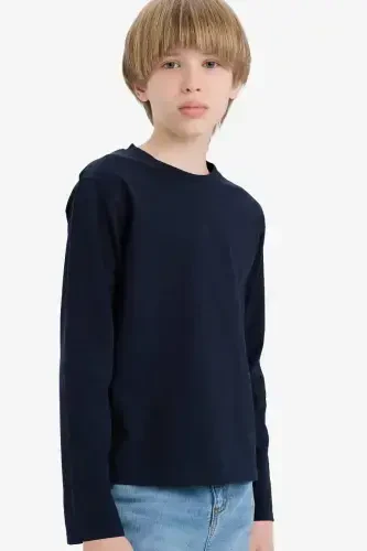 Boys' Crew Neck Basic Plain Long Sleeve T-Shirt-Navy Blue - 3