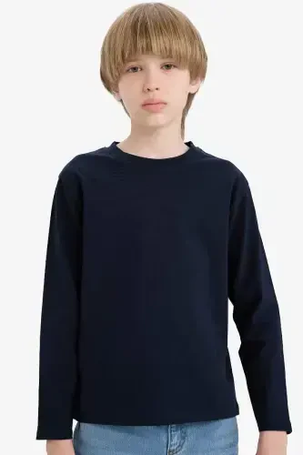 Boys' Crew Neck Basic Plain Long Sleeve T-Shirt-Navy Blue - 4