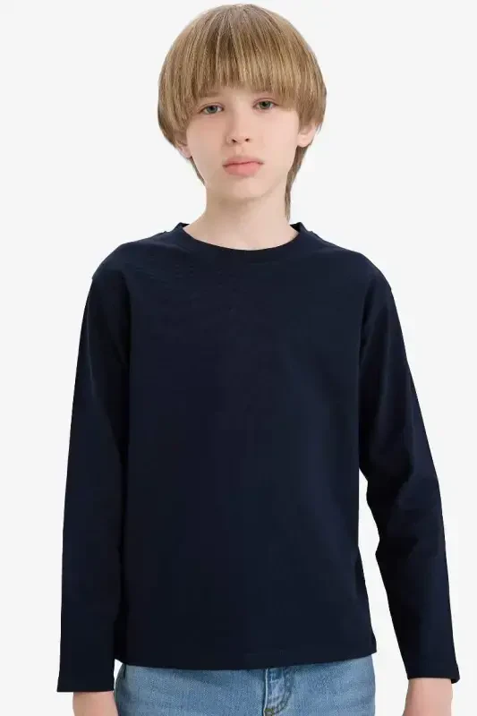 Boys' Crew Neck Basic Plain Long Sleeve T-Shirt-Navy Blue - 4