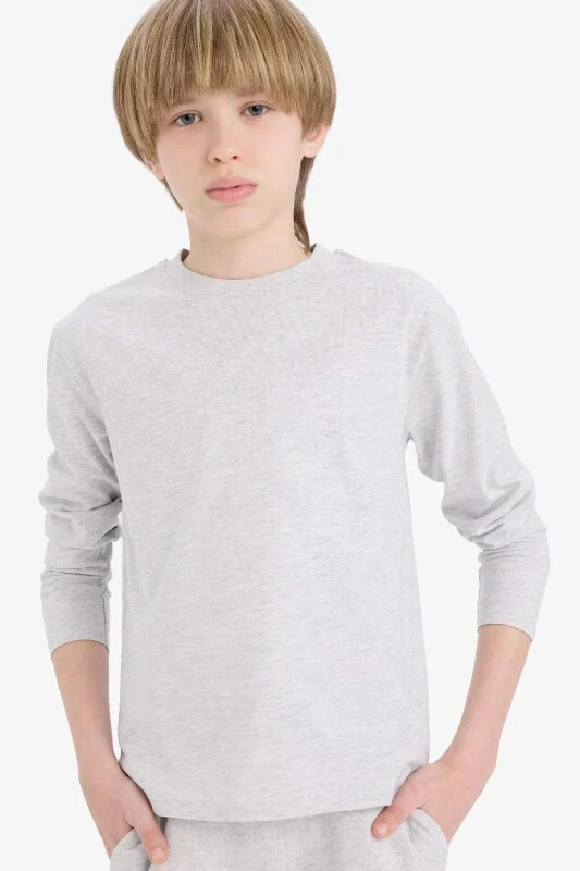 Boys' Crew Neck Basic Plain Long Sleeve T-Shirt-Optical Gray Melange - DEFACTO
