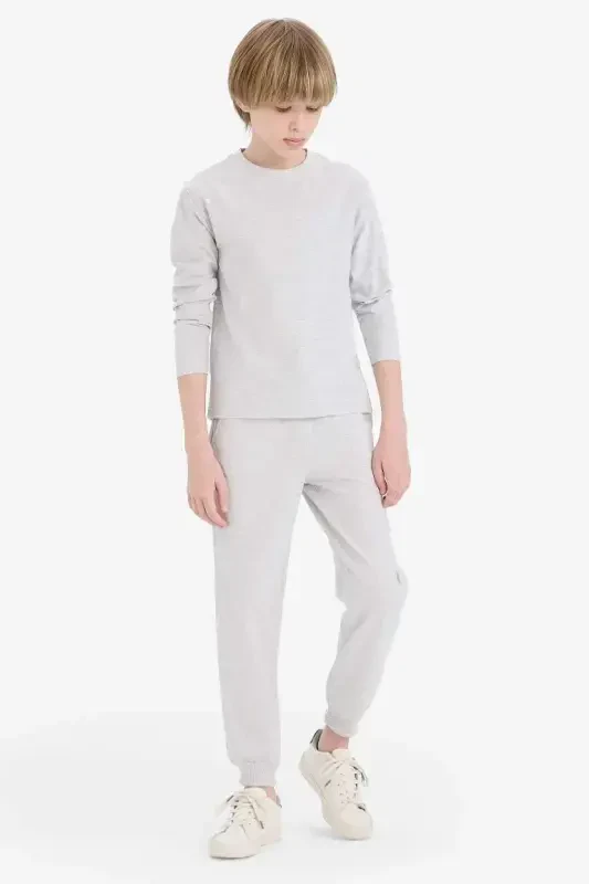 Boys' Crew Neck Basic Plain Long Sleeve T-Shirt-Optical Gray Melange - 2