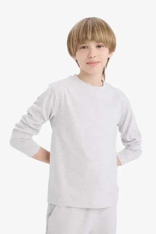 Boys' Crew Neck Basic Plain Long Sleeve T-Shirt-Optical Gray Melange - 3
