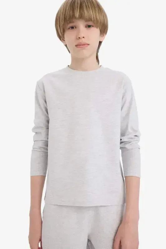 Boys' Crew Neck Basic Plain Long Sleeve T-Shirt-Optical Gray Melange - 4